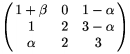 $\left( \matrix 1+\beta & 0 & 1-\alpha \\
1 & 2 & 3-\alpha \\ \alpha & 2 & 3 \endmatrix \right)$